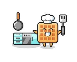 ilustração de personagem waffle enquanto um chef está cozinhando vetor