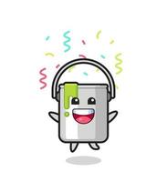 mascote de lata de tinta feliz pulando de parabéns com confete colorido vetor