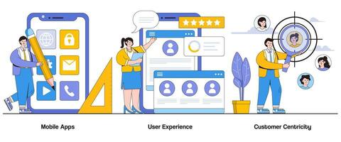 Móvel aplicativos, do utilizador experiência, cliente centralidade conceito com personagem. o negócio interação abstrato vetor ilustração definir. desatado navegação, do utilizador interface, personalizado soluções metáfora