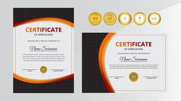 certificado de luxo gradiente vermelho e preto com conjunto de crachá dourado vetor