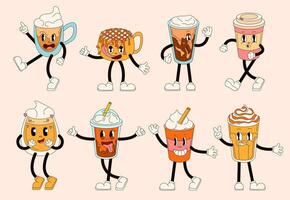 groovy bebidas personagens dentro retro desenho animado estilo. quadrinho personagens dentro forma do café xícara, capuccino, café com leite com feliz sorrir rostos. vetor ilustração isolado.