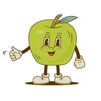 retro desenho animado verde maçã personagem dentro sulco estilo. engraçado fruta mascote vetor ilustração. nostalgia anos 60, anos 70, anos 80