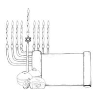 hanukkah velas dentro menorah cumprimento cartão modelo com Hanukquias, rosquinhas e dreidel vetor ilustração. mão desenhado judaico feriado símbolos