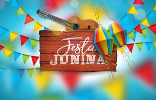 Ilustração de Festa Junina com guitarra acústica, bandeiras de festa e lanternas de papel vetor