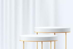branco, ouro pódio de pedestal geométrico 3d com cena cortina de luxo.