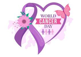 mundo Câncer dia vetor ilustração em fevereiro 4 com fita para levantar consciência do Câncer e fêmea cuidados de saúde dentro plano desenho animado fundo