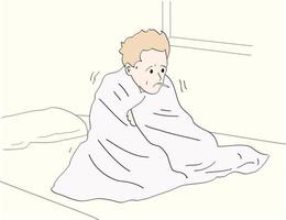 homem que sofre de gripe na cama, debaixo do cobertor. vetor