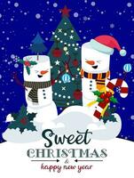 Natal Novo ano cartão, fofa boneco de neve a comemorar Natal com neve cai em Sombrio azul fundo vetor