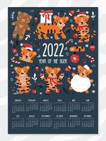 calendário de ano novo e natal para 2022 com tigres engraçados