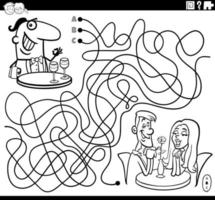 labirinto com garçom e casal apaixonado livro para colorir vetor