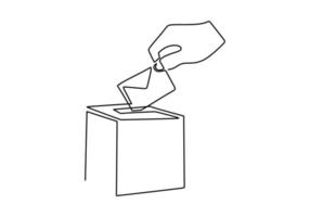 linha única contínua da mão direita inserindo papel de voto na caixa. vetor