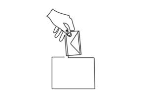 linha única contínua da mão esquerda inserindo papel de voto na caixa. vetor