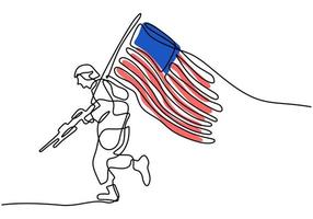 contínua uma linha do dia patriota com a bandeira americana correndo soldado vetor