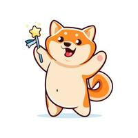 desenho animado cachorro Shiba inu personagem com Magia varinha vetor