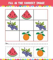 Educação jogos para crianças preencher dentro a corrigir imagem com fofa fruta vetor