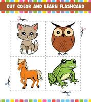 cortar cor e aprender cartão de memória atividade coloração livro para crianças com fofa desenho animado personagem vetor
