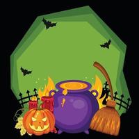 halloween vassouras caldeirões de abóboras e velas em um fundo escuro. vetor