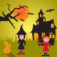 bruxa de halloween e crianças com fundo de castelo caçado vetor