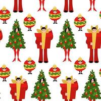 desatado padronizar para Natal. uma família dentro fantasias do uma Natal árvore, uma presente com uma arco e uma Natal árvore brinquedo. festivo fofa família crianças embalagem, têxteis. Natal fundo em branco vetor
