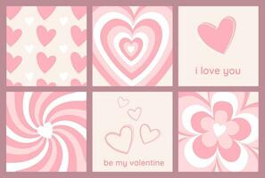 conjunto do fofa romântico dia dos namorados dia cartões, cartões postais com mão desenhado padrões, corações, flores e texto saudações, vetor decorativo ilustrações.