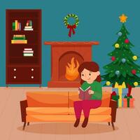 uma fofa menina é sentado em a sofá com uma livro. Natal interior. Natal fada contos e histórias. vetor ilustração
