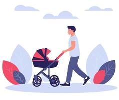 feliz jovem pai caminha com um carrinho de bebê. ilustração vetorial. vetor