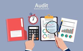 conceitos de auditoria, auditor fazendo exame do relatório financeiro vetor