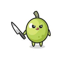 O mascote verde-oliva fofo como um psicopata segurando uma faca vetor
