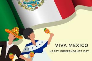 viva méxico feliz dia da independência com duas pessoas dançando e bandeira vetor