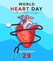 vetor de conceito do dia mundial do coração com estetoscópio de torção de órgão cardíaco