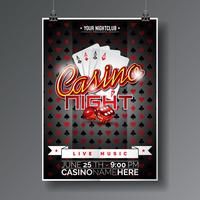 Vector design de festa Flyer em um tema de Casino com cartões de jogo e dadinhos