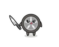 mascote fofo da roda de carro como um psicopata segurando uma faca vetor