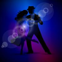 Vector design com casal dançando tango em fundo escuro.