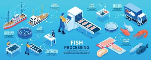 esquema de infográficos isométricos de processamento de peixes vetor
