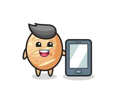 desenho animado de ilustração de pão francês segurando um smartphone vetor