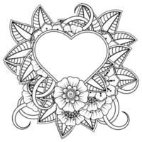 flor mehndi com moldura em forma de coração, ornamento de doodle vetor