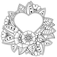 flor mehndi com moldura em forma de coração, ornamento de doodle vetor