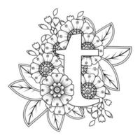 letra t com flor mehndi. ornamento decorativo em étnico oriental vetor
