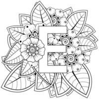 letra e com flor mehndi. ornamento decorativo em étnico oriental vetor