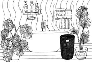 banheiro interior coloração página. fantástico coloração livro para crianças e adultos. fofa e acolhedor banheiro com muitos do plantas. mão desenhado anti estresse vetor ilustração.