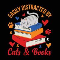 fofa animal tee facilmente distraído de gatos e livros engraçado gato camiseta vetor