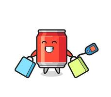 desenho de mascote de lata de bebida segurando uma sacola de compras vetor