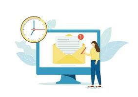 mulher respondendo para o email com computador. o email mensagem conceito. ilustrador vetor. vetor