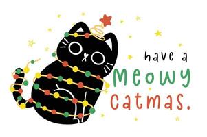 fofa Natal Preto gato adornado com luzes cumprimento cartão, engraçado e brincalhão desenho animado ilustração. vetor