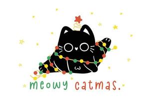 fofa Natal Preto gato adornado com luzes, humor cumprimento cartão, engraçado e brincalhão desenho animado ilustração. vetor