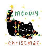 fofa Natal Preto gato adornado com luzes, engraçado e brincalhão cumprimento cartão desenho animado ilustração. vetor