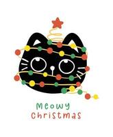 fofa Natal Preto gatos adornado com luzes, miado Natal, humor cumprimento cartão, engraçado e brincalhão desenho animado ilustração. vetor