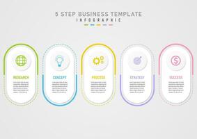 5 degrau o negócio planejamento infográfico modelo para sucesso multi colori esboço branco arredondado quadrado com cartas abaixo. a topo círculo tem uma multicolorido ícone dentro a Centro. vetor