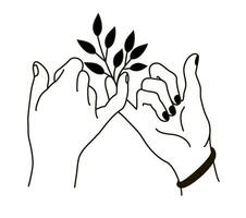 romântico aperto de mão. relação amoroso mãos junto. dois mãos do amantes, segurando Palmeiras Como símbolo do união e segurança. vetor tatuagem esboço.