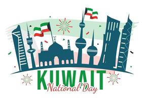 nacional Kuwait dia vetor ilustração em fevereiro Dia 25 com marco, acenando bandeira e independência celebração dentro plano desenho animado fundo